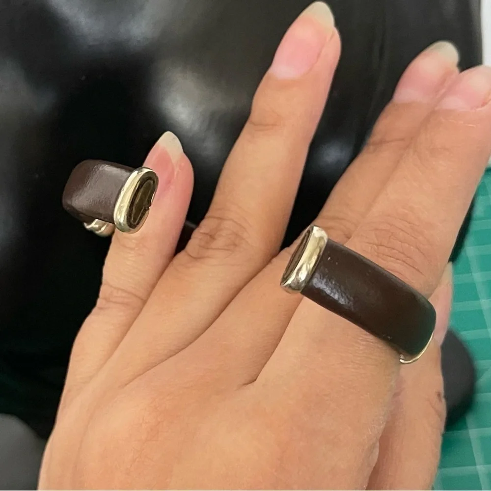 Leather brass wired silver tone cuff bracelet
